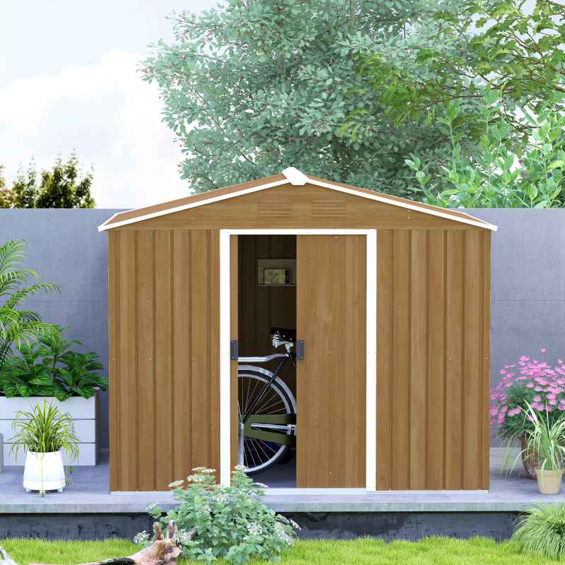 Outsunny 7.7 x 5.7ft Metal Garden Shed with Ventilation Slots and Sliding Doors, Galvanised Outdoor Tool Storage House, Brown Wood Effect