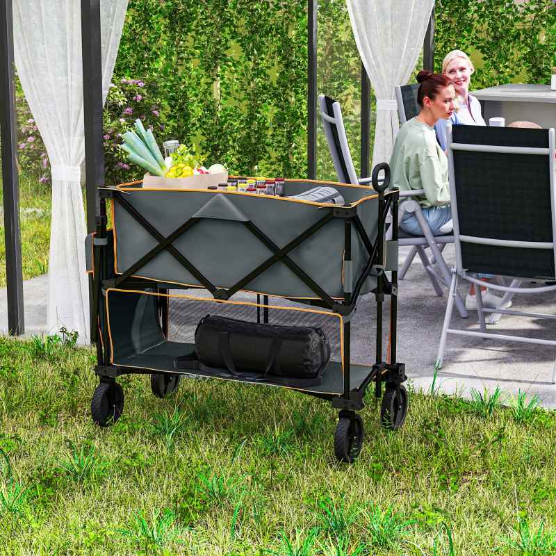 Outsunny Double Decker Folding Trolley on Wheels, 200KG & 350L Capacity Collapsible Wagon Festival Trolley Cart with 134cm Extended for Camping Sports Shopping Garden and Beach, Grey