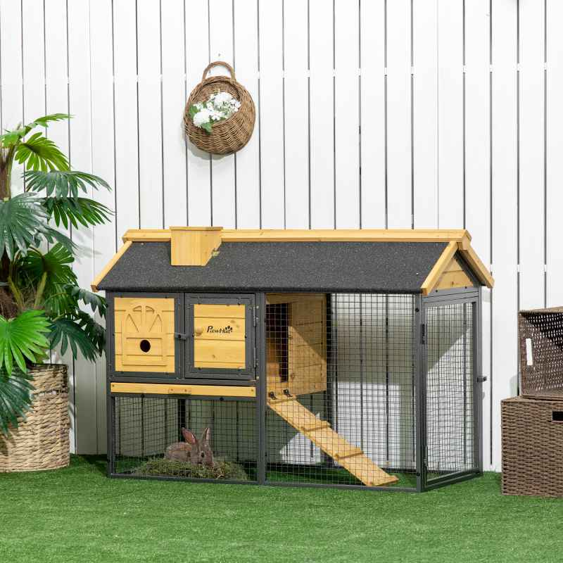 PawHut 2 Tiers Rabbit Hutch and Run, Guinea Pig Hutch Outdoor with Sliding Tray, Ramp, for 1-2 Rabbits