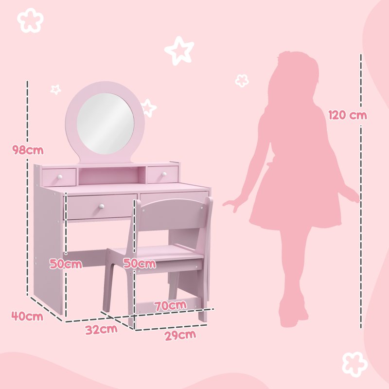 AIYAPLAY Kids Dressing Table Set with Stool and Mirror, Make up Set with Storage Drawers, Kids Vanity Table Gift for Aged 3-8 Years Old - Pink
