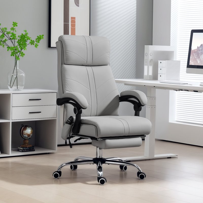 Vinsetto Office Chair with 4-point Vibration Massage and Heat, PU Leather High Back Recliner Desk Chair with Adjustable Height, Armrest, Footrest, Swivel Computer Chair for Home, Light Grey