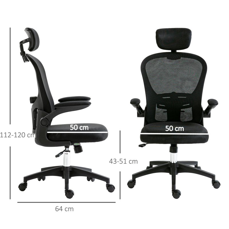 Vinsetto High Back Office Chair, Mesh Computer Desk Chair with Rotatable Headrest, 4D Lumbar Support, Flip-up Arm, Adjustable Height, Black