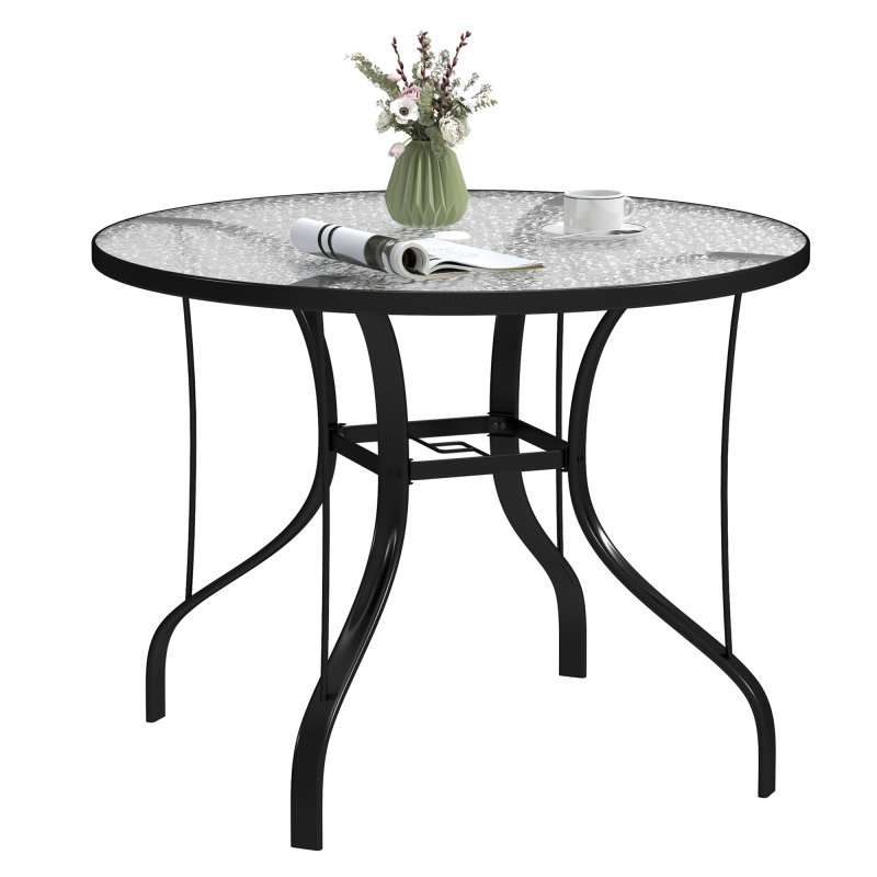 Outsunny Outdoor Dining Table with Parasol Hole, Tempered Glass Top Metal Frame Coffee Table, Round, 96.5 x 96.5 x 71 cm