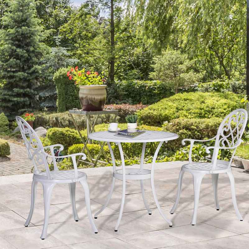 Outsunny 3 Piece Patio Bistro Set for 2, Outdoor Aluminium Garden Table and Chairs with Adjustable Footpads for Balcony, Garden and Patio, White
