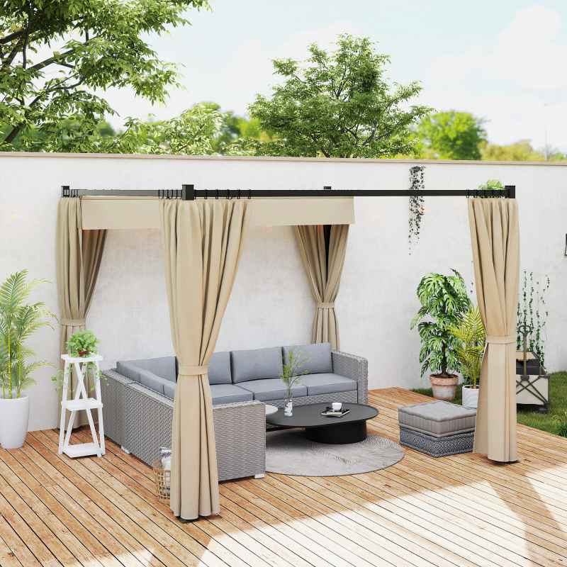 Outsunny 3 x 3(m) Pergola with Retractable Roof Canopy and Curtains, Metal Frame Garden Gazebo Outdoor Sun Shade Shelter for Grill, Patio, Deck, Khaki