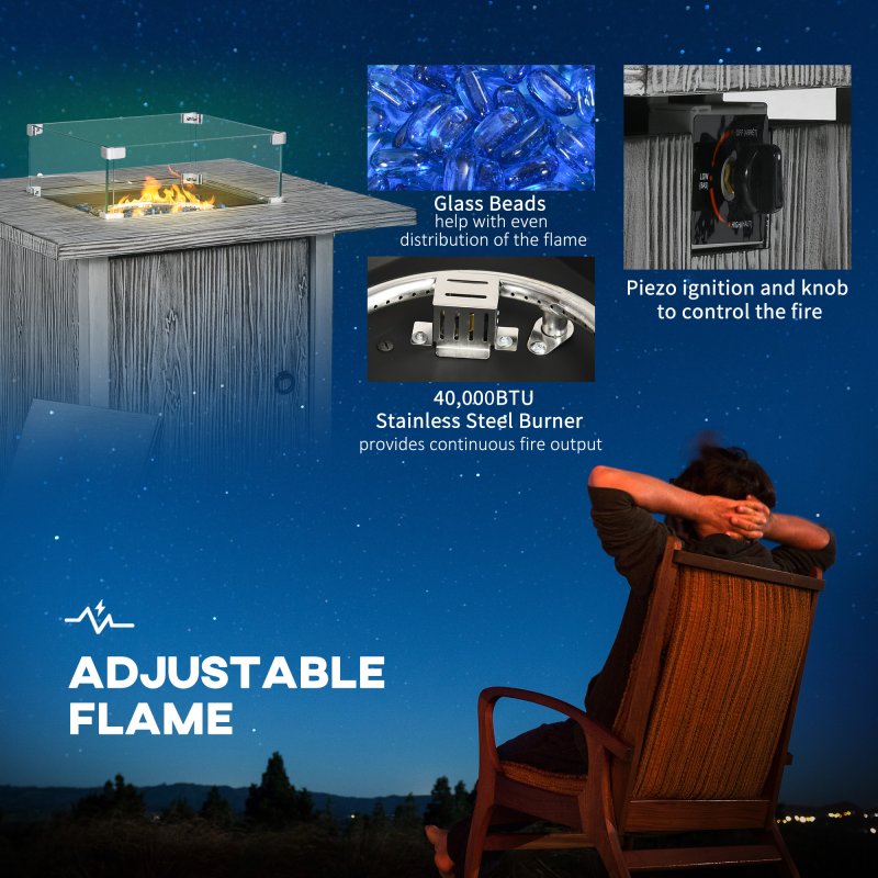 Outsunny Propane Gas Fire Pit Table for Garden, 40000 BTU Smokeless Firepit Outdoor Patio Heater with Waterproof Cover, Glass Screen, Glass Beads and Lid, Wood Effect, 71 x 71 x 62.5cm, Grey