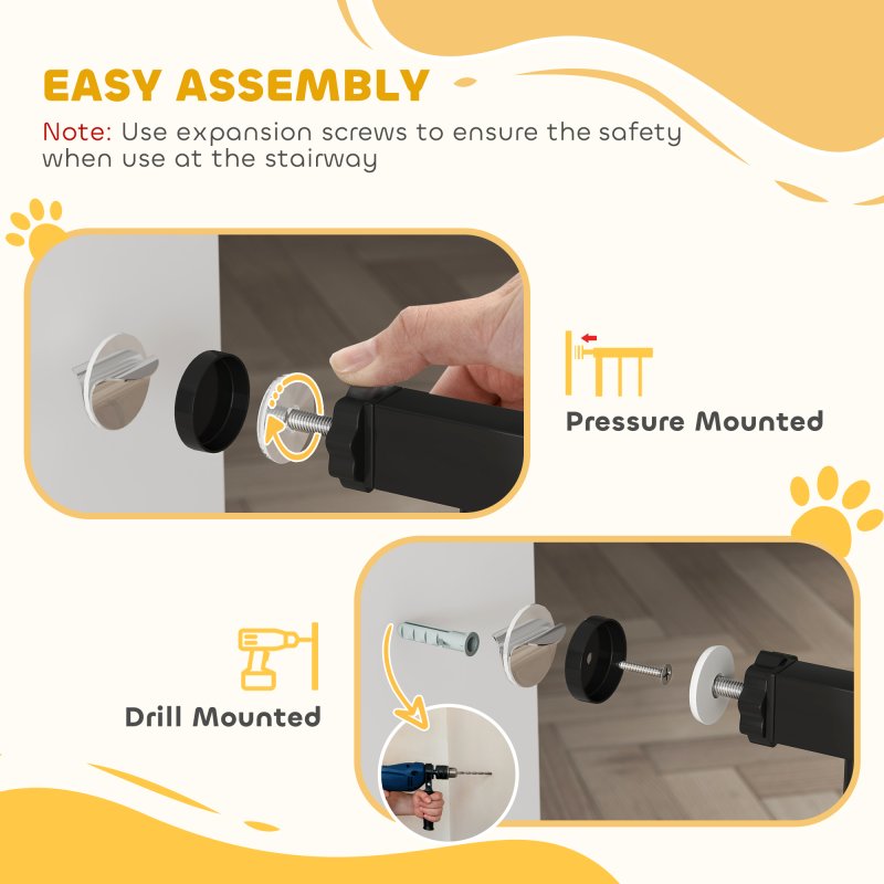PawHut Dog Gate Stair Gate Pressure Fit Pets Barrier Auto Close for Doorway Hallway, 74-148cm Wide Adjustable, Black