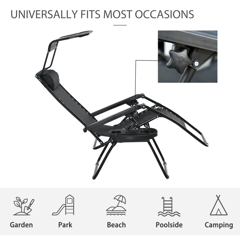 Outsunny Foldable Reclining Garden Chair with Headrest, Zero Gravity Deck Sun Lounger Seat Chair with Footrest, Armrest, Cup Holder & Canopy Shade, Black