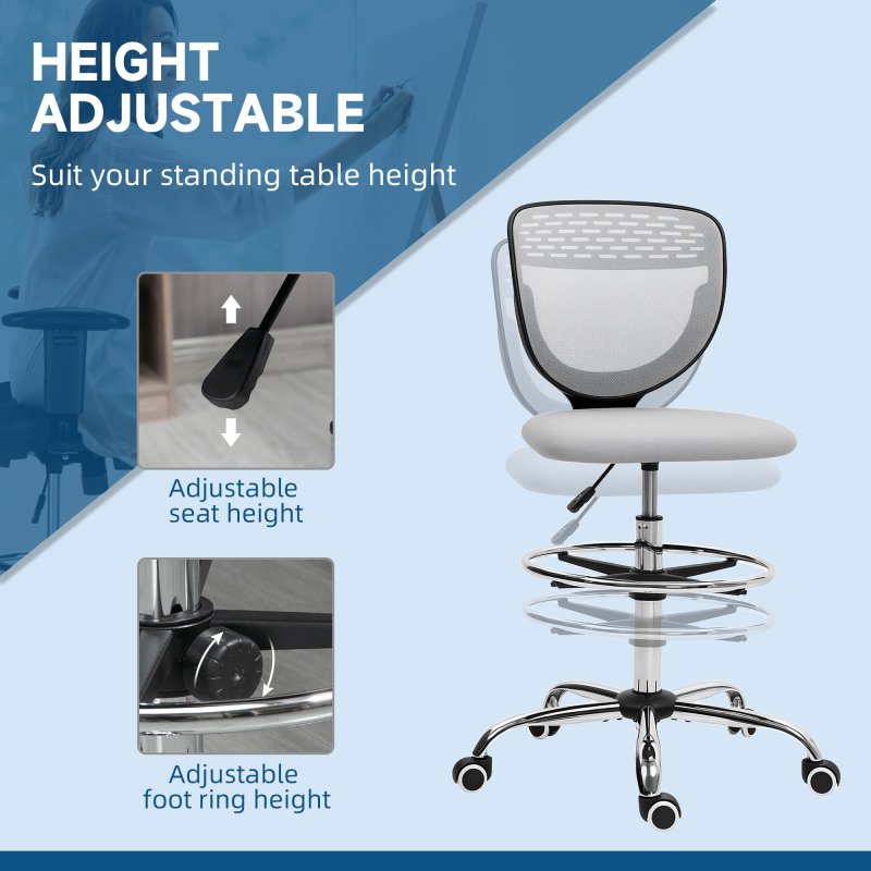 Vinsetto Drafting Chair, Swivel Office Draughtsman Chair, Mesh Standing Desk Chair with Adjustable Foot Ring, Armless, Light Grey
