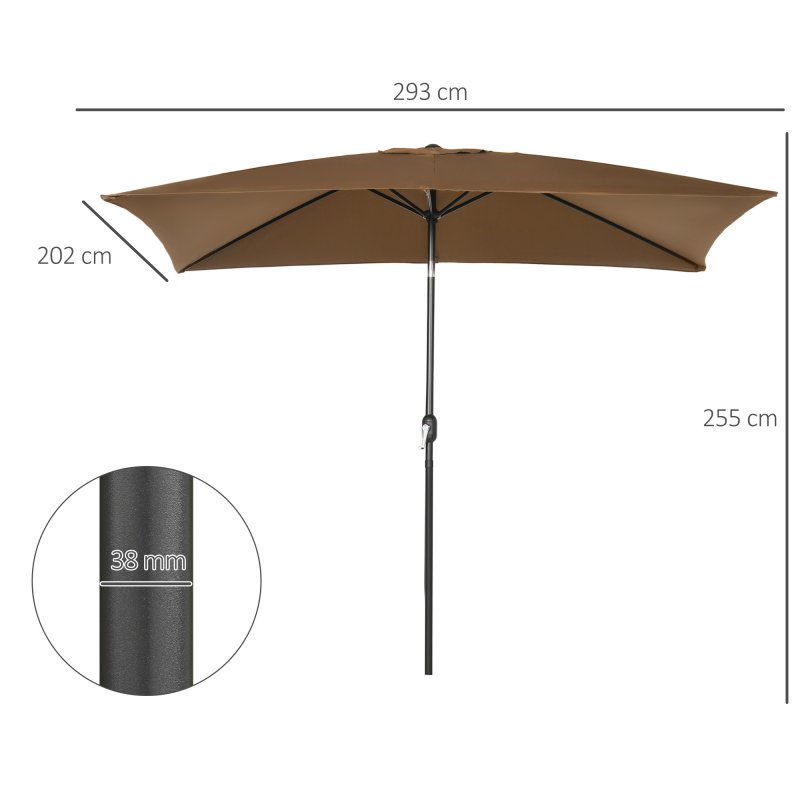 Outsunny 3x2m Garden Parasol Umbrella with Tilt and Crank, Outdoor Sun Shade Canopy with Aluminium Frame and Steel Ribs, Rectangular, Brown