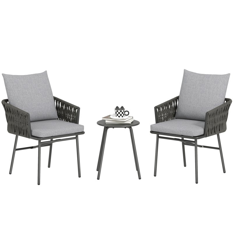 Outsunny 3-Piece Rattan Bistro Set, Garden Table and Chairs with 4 Cushions, Patio Rattan Conversation Furniture Set for Balcony, Porch, Terrace, Grey