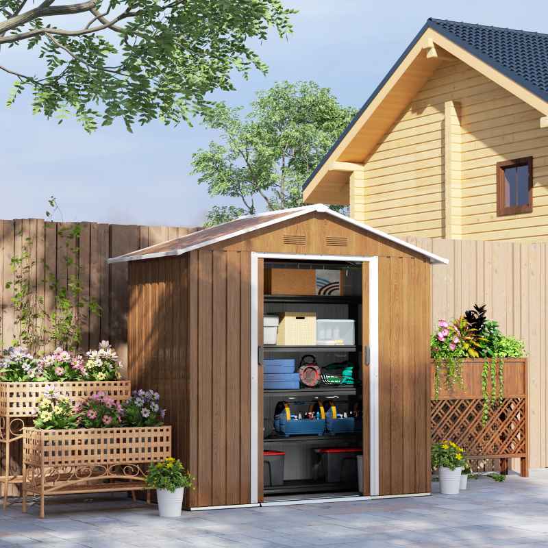 Outsunny 6.5 x 3.5ft Metal Garden Shed, Outdoor Storage Shed for Tool Organization with Double Sliding Doors and 4 Vents for Garden, Patio, Brown Wood Effect