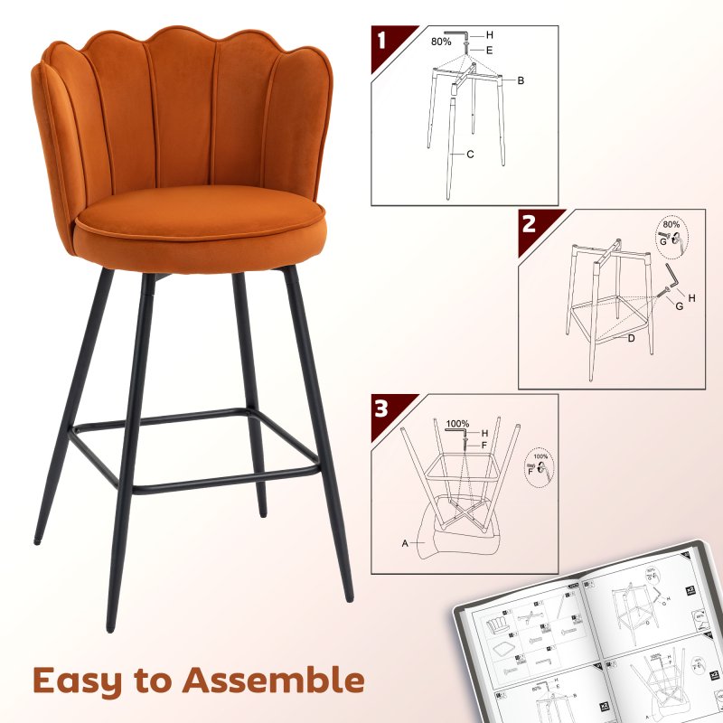 HOMCOM Bar Stools Set of 2, Modern Velvet-Feel Barstools with Petal Backrest and Footrest, Upholstered Breakfast Bar Chairs with Metal Legs for Kitchen Island Counter, Dining Room, Orange