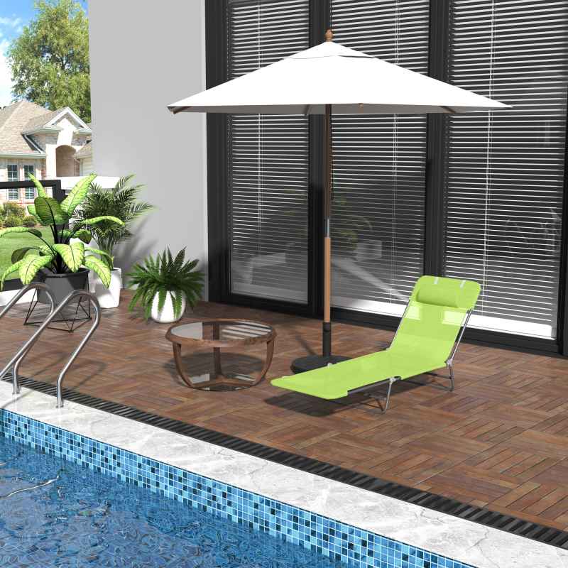 Outsunny Outdoor Foldable Sun Lounger, Adjustable Backrest Garden Recliner Sun Lounger Chair with Headrest Pillow, Green