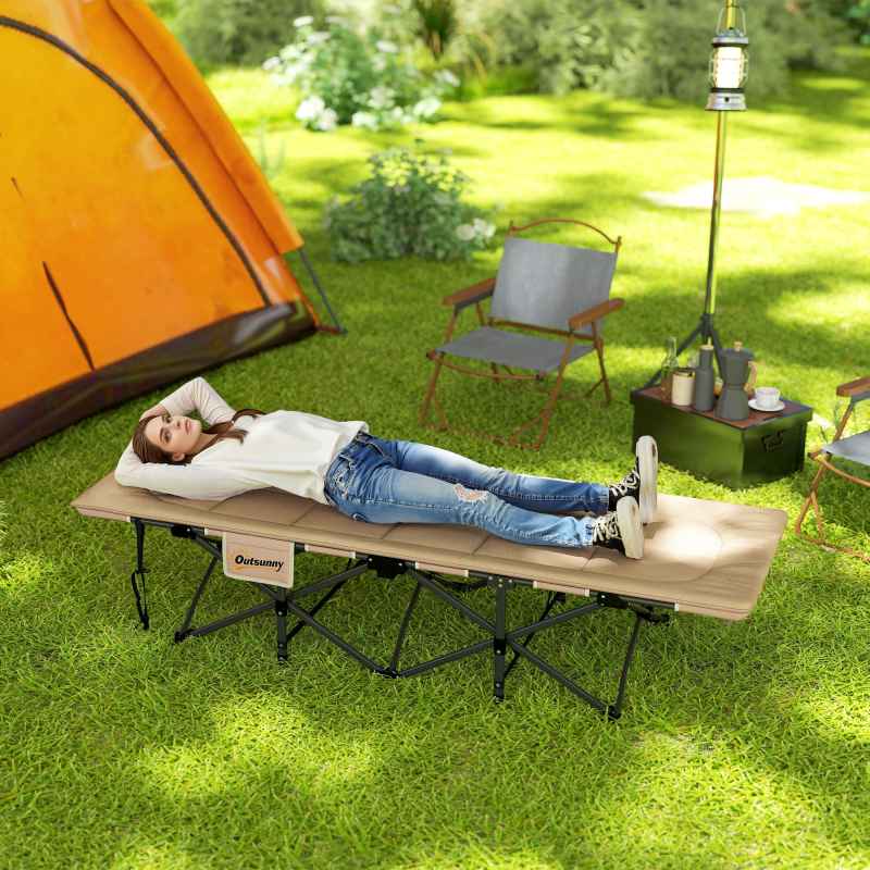 Outsunny Folding Camping Bed for Adults with Cushion, Heavy Duty Portable Travel Camping Cot with Headrest, Side Pocket and Non-Slip Foot Pads for Outdoor Beach Travel Office, Khaki
