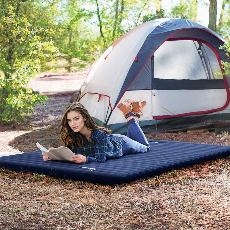 Outsunny 2 Person Camping Inflating Sleeping Mat Inflatable Mattress Ultralight Folding Bed Portable Air Bed for Outdoor Backpacking Hiking Travel - Navy Blue