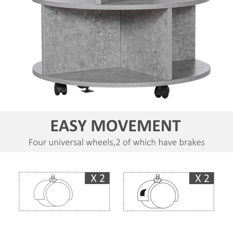 HOMCOM Round Coffee Table, Movable Centre Table with Divided Shelves and Rolling Wheels, 3 Tier Living Room Table