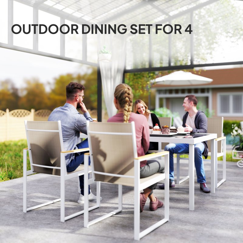 Outsunny 5 Piece Garden Table and Chairs, Outdoor Dining Set with Tempered Glass Table Top, 4 Armchairs with High Backrest, 4 Seater Garden Furniture Set for Deck, Balcony
