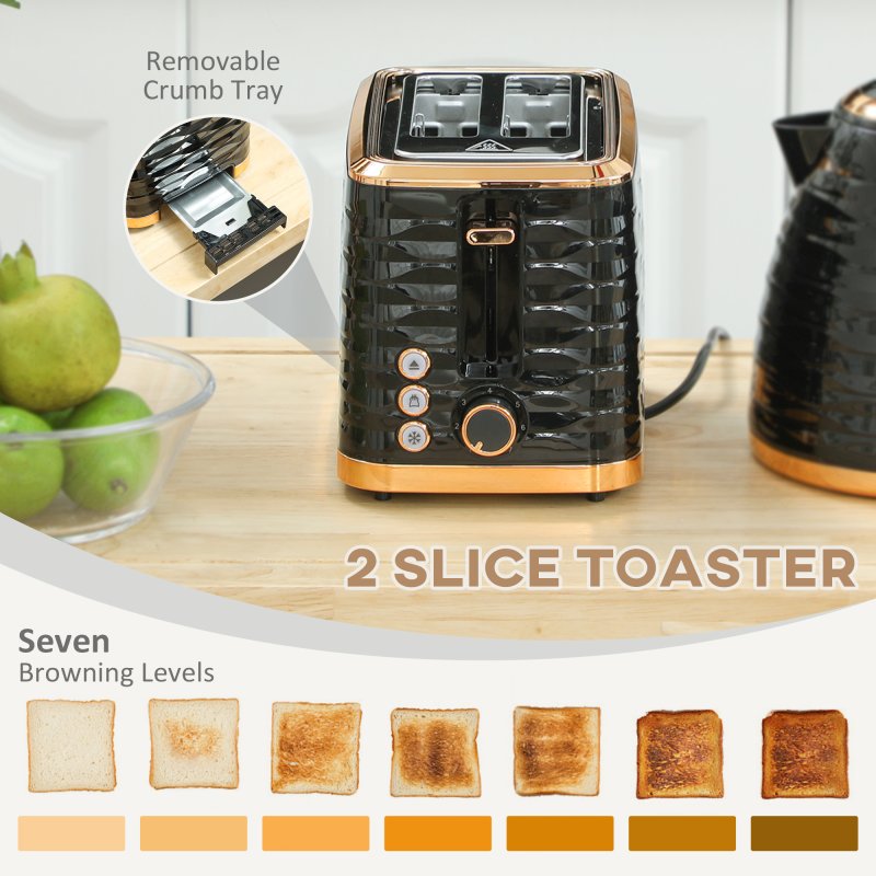 HOMCOM Kettle and Toaster Sets, 3000W 1.7L Rapid Boil Kettle & 2 Slice Toaster with 7 Browning Controls, Defrost, Reheat and Crumb Tray, UK Otter thermostat, Black