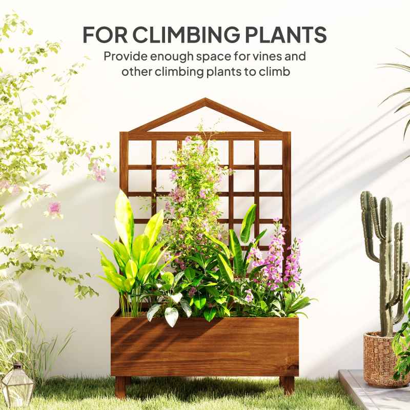 Outsunny Wooden Planters with Trellis for Vine Climbing, Raised Beds for Garden Patio, Outdoor Planter Box for Vegetables, Flowers, Herbs, Distressed Brown