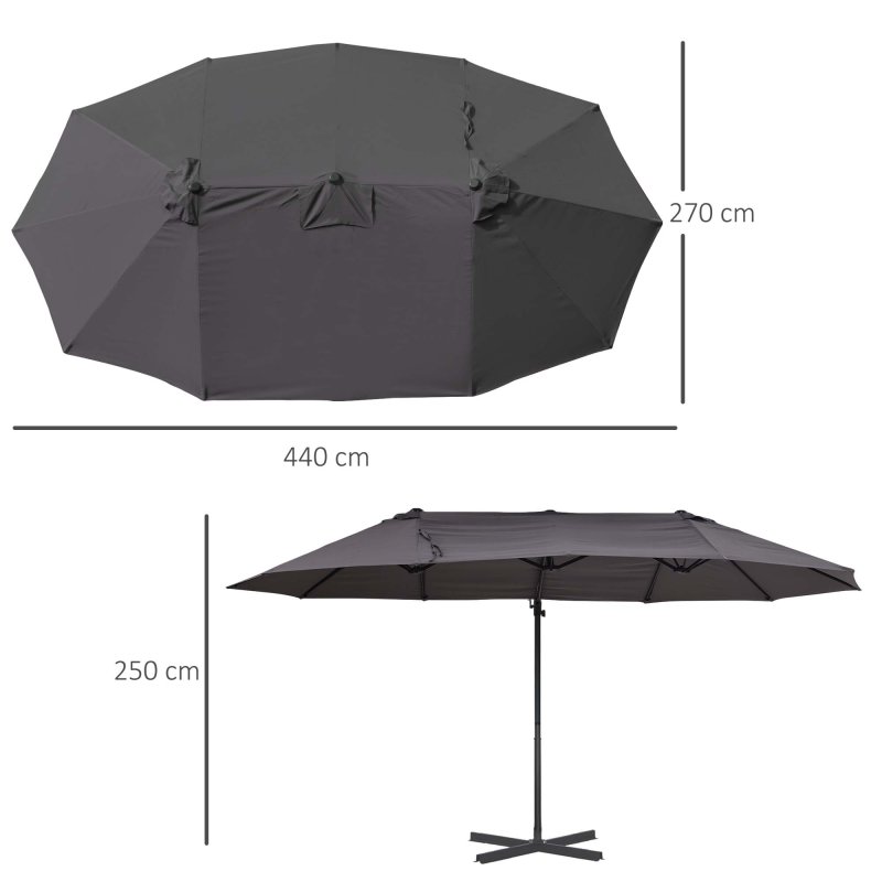 Outsunny 4.4m Large Garden Parasol, Double-Sided Cantilever Parasol with Base Included, Patio Umbrella Sun Shade with Steel Pole 12 Ribs Crank Handle Easy Lift Twin Canopy, Grey