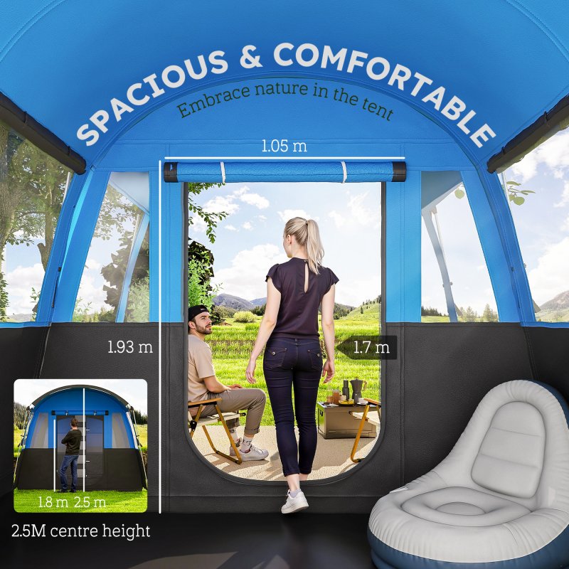 Outsunny 8-Person Camping Tent, Waterproof Family Tent, Tunnel Design, 4 Large Windows, Sleeping Cabins, 3000mm Water Column, Top Hook, Portable with Carry Bag, Blue