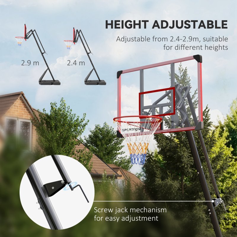 SPORTNOW Basketball Hoop Outdoor, Height Adjustable Basketball Hoop and Stand with Weighted Base, Portable on Wheels, 2.4-2.9m, Red