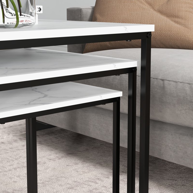 HOMCOM Nesting Tables Set of 3, Side End Table with Faux Marble Effect Top and Steel Legs for Living Room, Bedroom, White