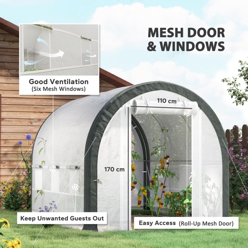 Outsunny 3 x 2(m) Walk-in Polytunnel Greenhouse with Upgraded Structure, Zipped Roll Up Mesh Door, 6 Mesh Windows, Tunnel Warm House Tent with PE Cover, 6 Plant Labels and Gloves, White