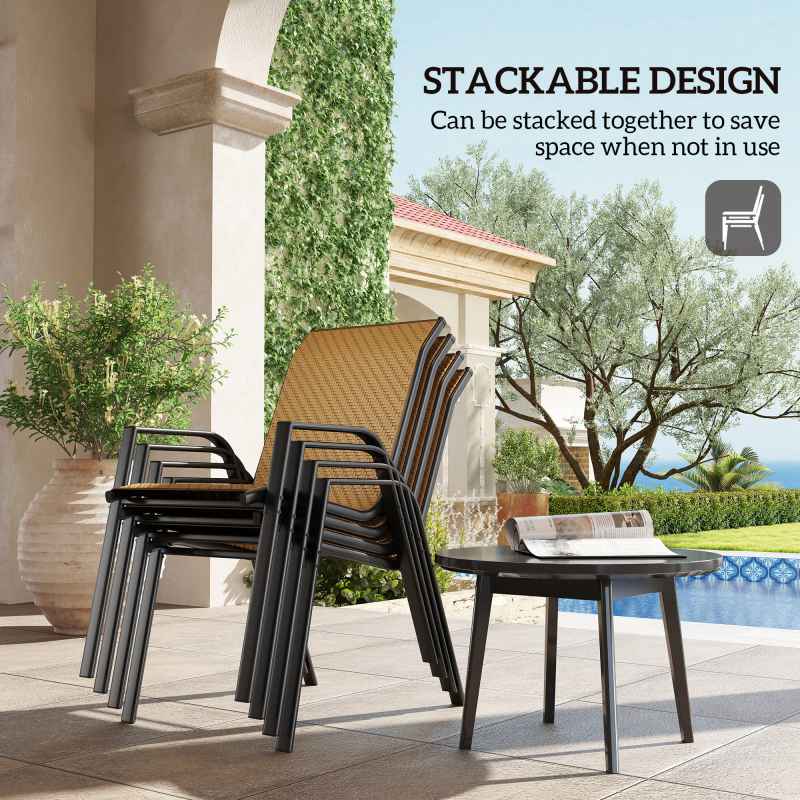 Outsunny Stackable Outdoor Chairs Set of 4, Rattan Garden Chairs with Armrests and Backrest for Deck, Khaki