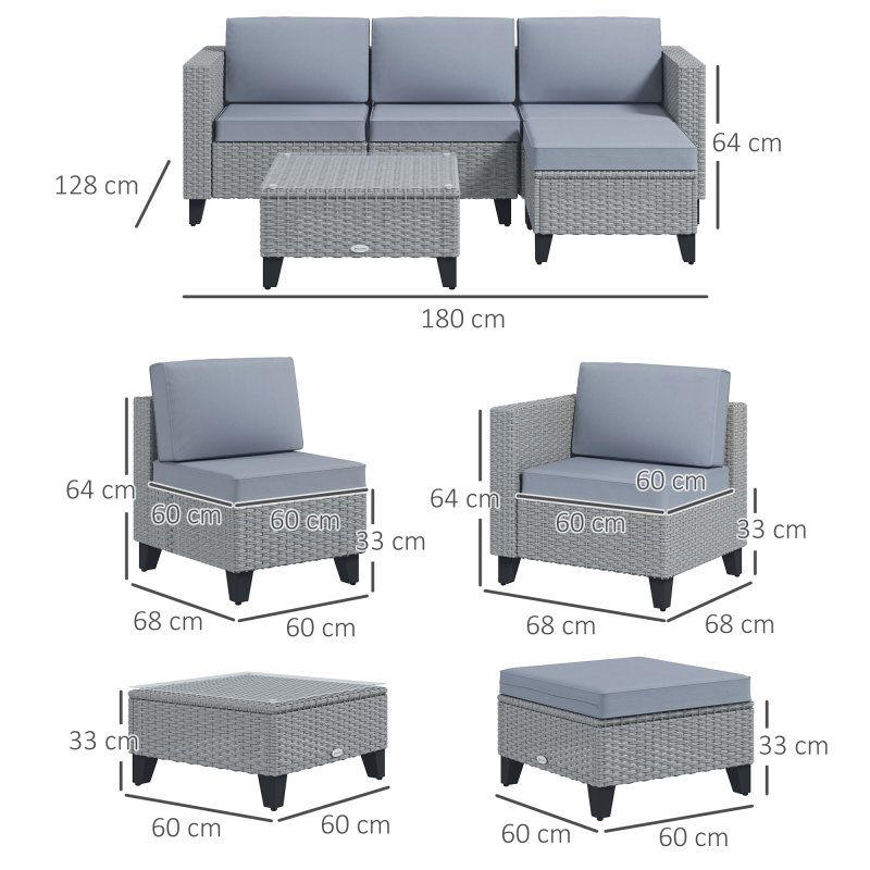 Outsunny 5 Pieces PE Rattan Garden Furniture Set, 4 Seater Garden Corner Sofa Set with Glass Coffee Table, Wicker Outdoor Furniture Set with Cushions for Patio Deck, Grey