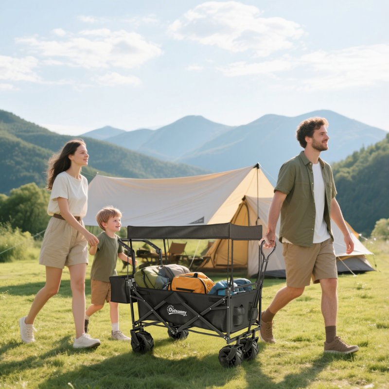 Outsunny 120L Festival Trolley on Wheels, Folding Camping Trolley Cart with Removable Canopy, All-Terrain Wheels, Adjustable Handle and Side Pockets for Garden Beach Fishing Shopping, Black