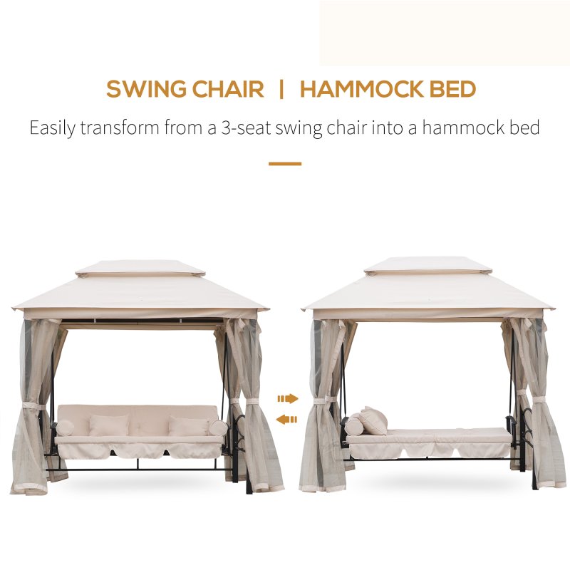 Outsunny 3 Seater Convertible Swing Chair, Outdoor Gazebo Swing Seat Bed with Double Tier Canopy, Cushioned Seat, Mesh Sidewalls and Curtains, Beige