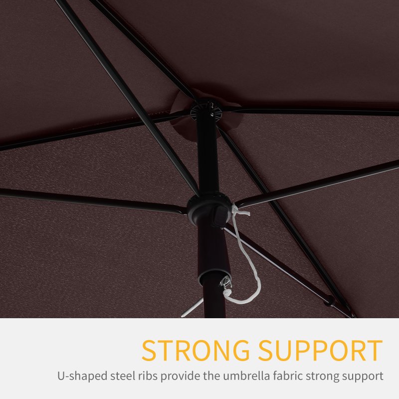 Outsunny 2 x 1.3m Garden Parasol Umbrella, Outdoor Market Table Umbrella with Ruffles & Aluminium Pole, Rectangular Tilting Parasol Sun Shade Canopy, Brown