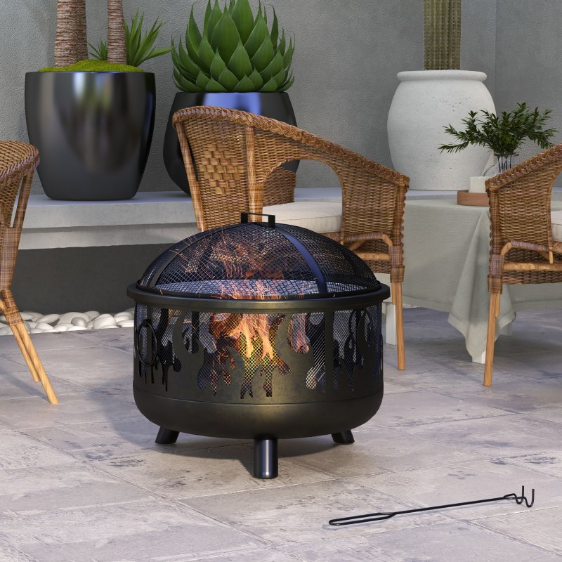 Outsunny Metal Firepit Bowl Outdoor 2-In-1 Round Fire Pit w/ Lid, Grill, Poker, Handles for Garden, Camping, BBQ, Bonfire, Wood Burning Stove, 61.5 x 61.5 x 52cm, Black