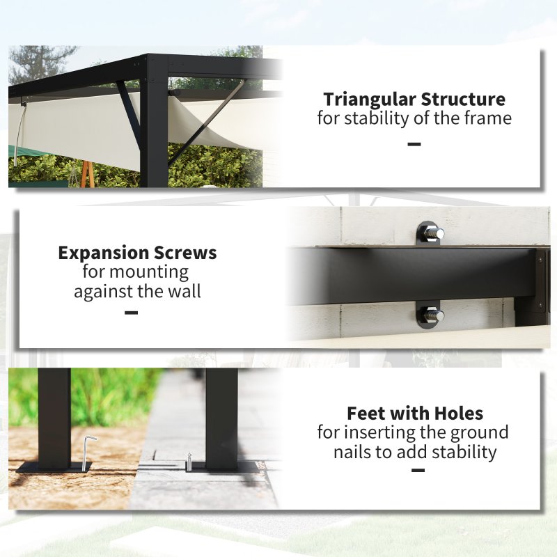 Outsunny 4 x 3(m) Outdoor Lean To Pergola Retractable Canopy Wall Mounted Gazebo Patio Shelter Sun Shade, Cream White