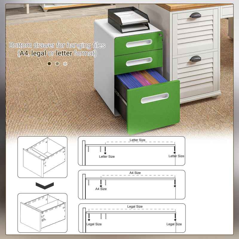Vinsetto Lockable File Cabinet with 3 Drawers, Vertical Office Drawer for A4, Letter, Legal Size, Anti-tilt Design, Pre-Assembled Body, Green