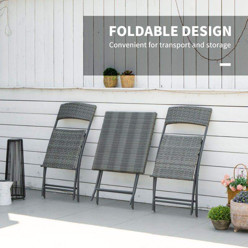 Outsunny 3 Pieces Folding Rattan Bistro Set, Garden Furniture Bistro Set with Folding Garden Table and Chairs, Wicker Balcony Furniture for Outdoor, Patio, Porch, Grey