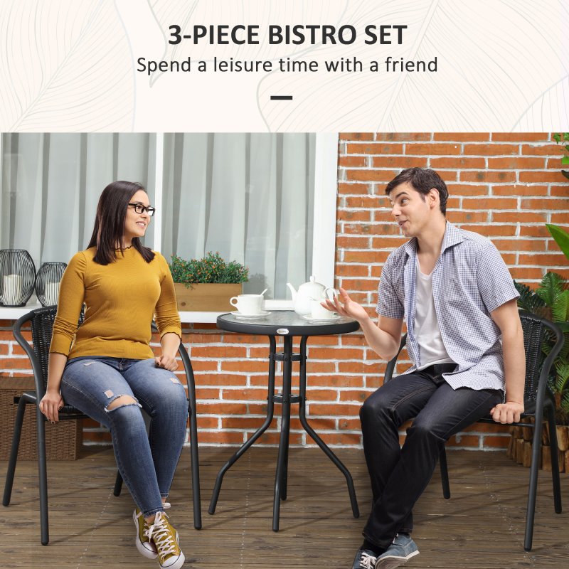 Outsunny 3 Pieces Rattan Bistro Set, 2 Seater Garden Furniture Set with Coffee Table and Stackable Chairs, Wicker Outdoor Table and Chairs for Garden, Porch, Balcony, Black