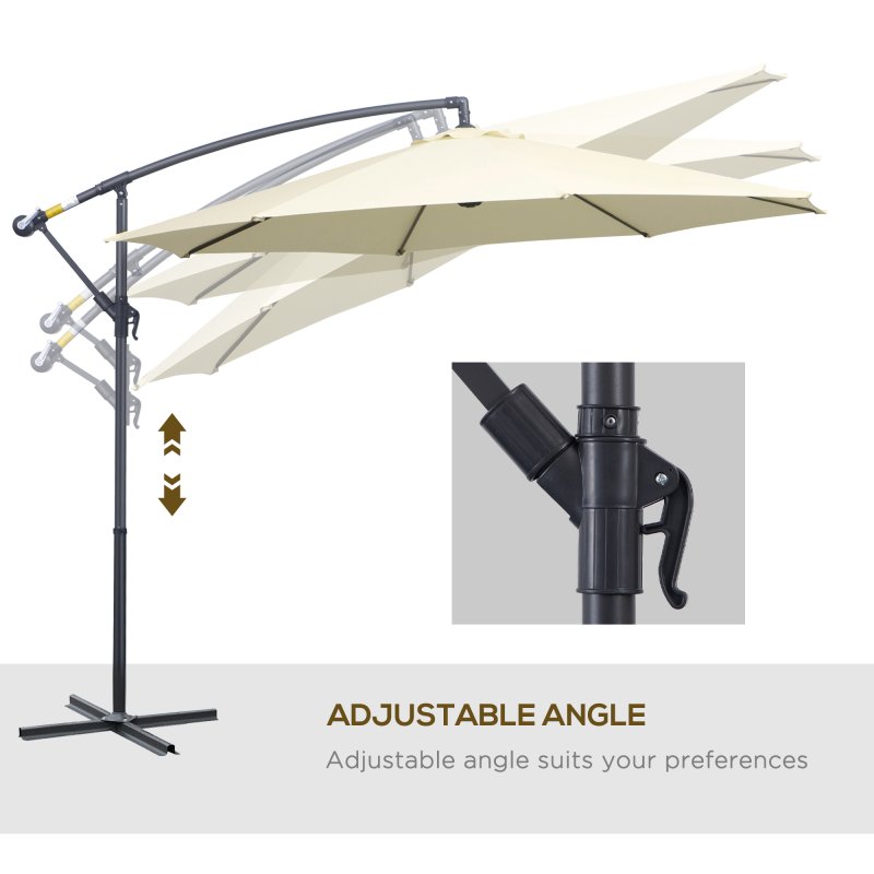 Outsunny 3(m) Garden Cantilever Parasol Patio Banana Hanging Umbrella Sun Shade with Crank and Tilt, 8 Ribs and Cross Base, Beige