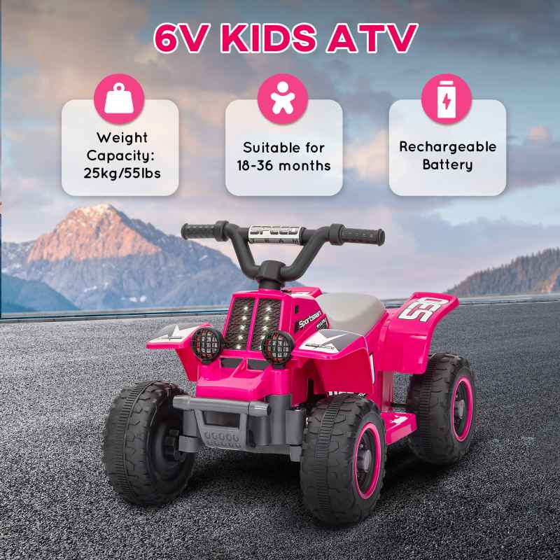 AIYAPLAY 6V Electric Car for Kids, Battery Powered Kids ATV, Quad Bike with Forward Backward, LED Headlights, for Ages 18-36 Months, Pink