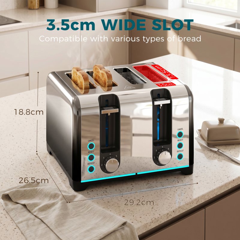 HOMCOM 4 Slice Toaster with 7 Browning Levels, Reheat, Defrost and Cancel Functions, Self-Centring Slots, Auto Shut-Off, Removable Crumb Tray, 1860W, Black