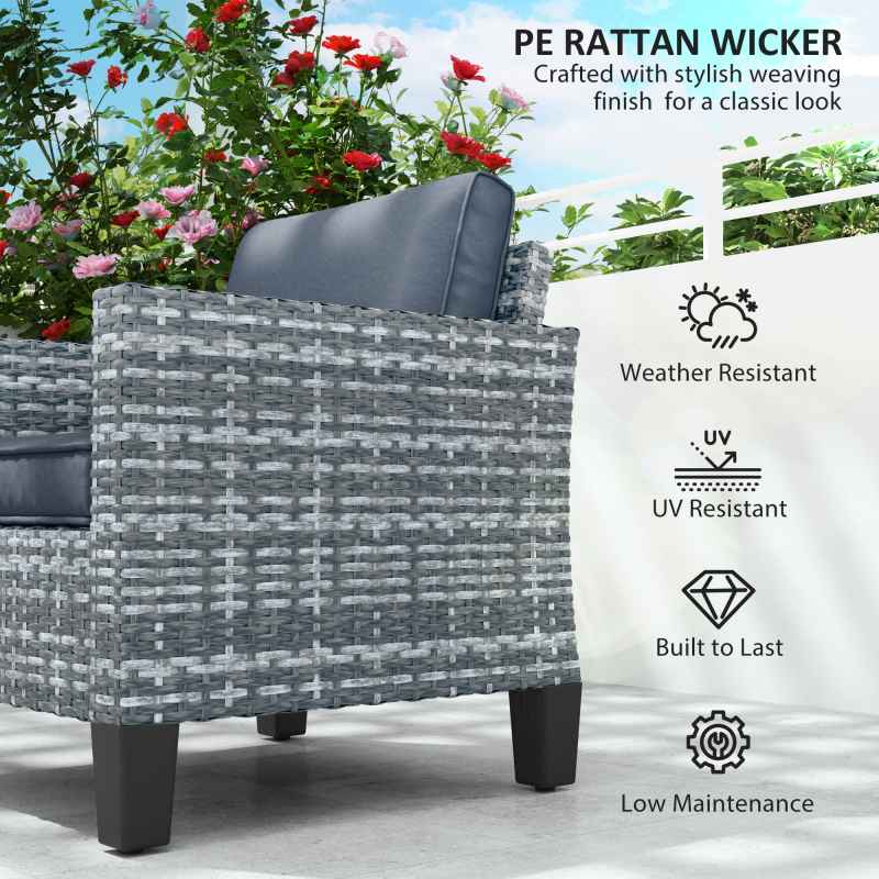 Outsunny Single Seater Rattan Garden Armchair, PE Wicker Rattan Chair with Armrests and Cushions, Garden Chair with Galvanised Steel Frame for Conservatory, Porch, Light Grey