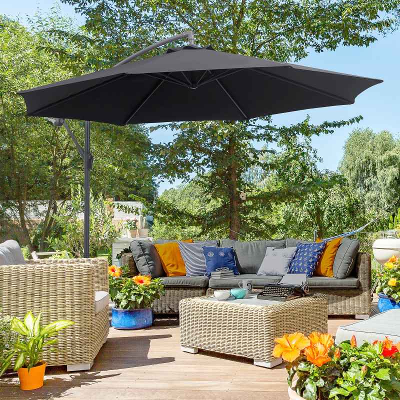 Outsunny 3(m) Garden Cantilever Parasol Patio Banana Hanging Umbrella Sun Shade with Crank and Tilt, 8 Ribs and Cross Base, Black
