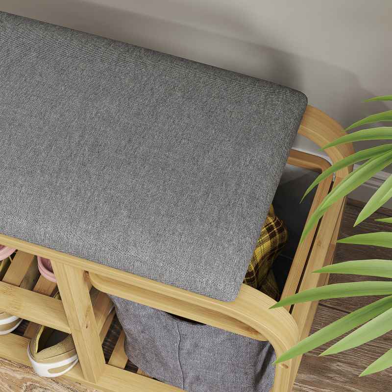 HOMCOM Bamboo Shoe Bench with Cushion, Shoe Rack Bench with 2 Slatted Shelves and Pull-Out Fabric Basket for Hallway, Entryway, Living Room, Nature Wood Finish