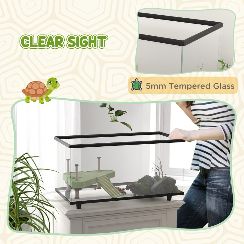 PawHut Turtle Tank, 50L Glass Turtle Aquarium with Basking Platform, Ramp, Easy Drainage, Strip Patch Thermometer, for Small Turtles, 60 x 30 x 32cm