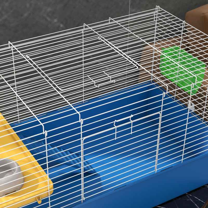 PawHut Guinea Pig Cage Chinchillas Rabbit Small Animal Cage with Ramp, Dish, Water Bottle, 99 x 52 x 53cm, Blue