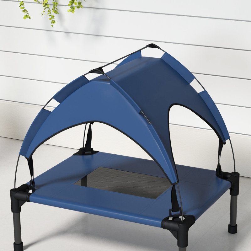 PawHut Cooling Raised Dog Bed, Elevated Pet Bed with Breathable Mesh, UV Protection Canopy, Foot Pads, for Indoor Outdoor, Mini, Small Dog, 61 x 46 x 63cm - Dark Blue