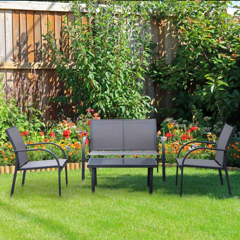 Outsunny 4 Pcs Curved Steel Outdoor Furniture Set w/ Loveseat, 2 Texteline Seats, Glass Top Table Garden Balcony Patio Furniture For Family Party Events Guests -Grey
