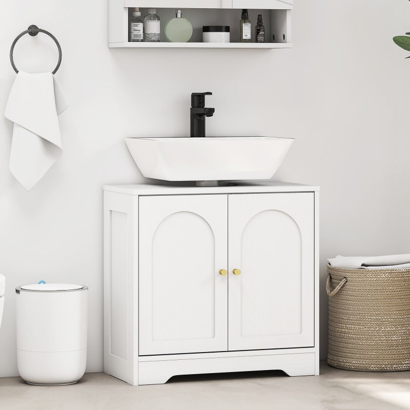HOMCOM Under Sink Bathroom Cabinet, Freestanding Under Sink Cabinet with 2 Arch Doors and Adjustable Shelf for Basin without or with Pedestal, White